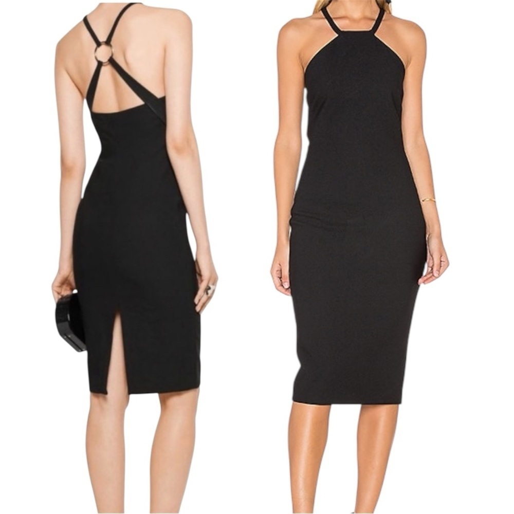 Cinq a Sept Angel Black Halter Midi Dress with Strappy Back Size 2